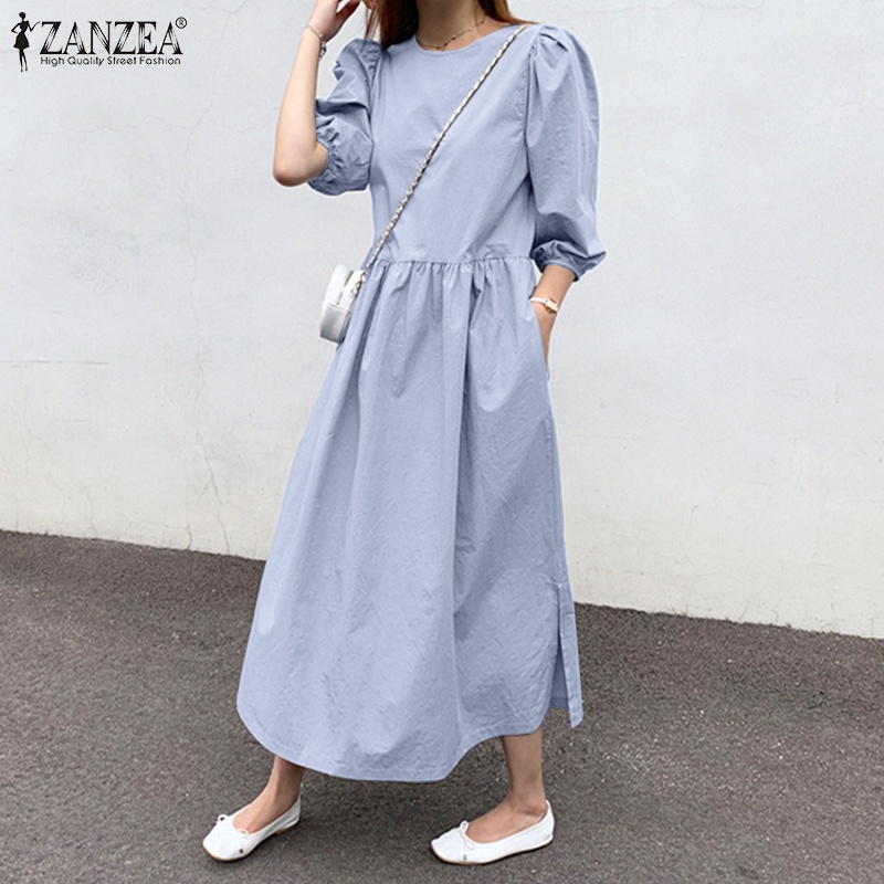 Đầm Zanzea tay phồng cổ tròn nút cài sau lưng thời trang cho nữ