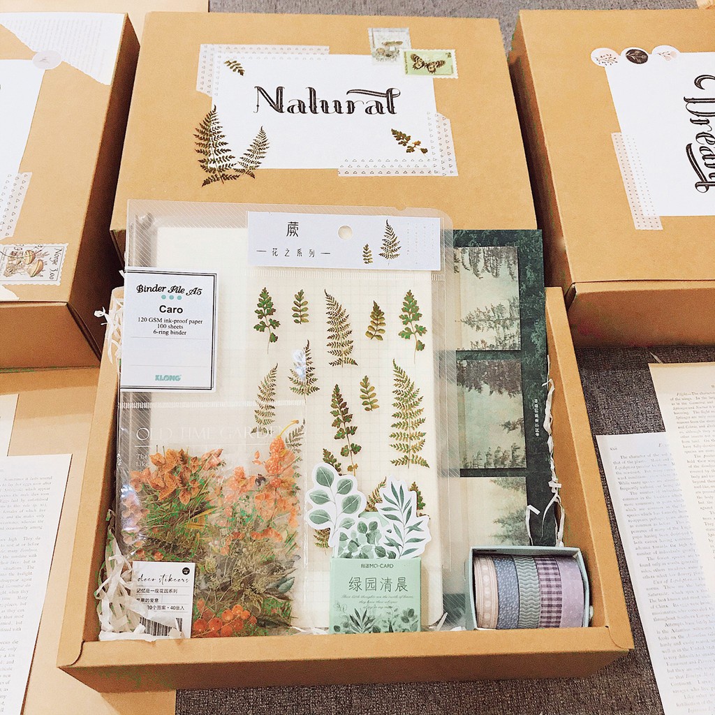 Bộ phụ kiện làm sổ Bullet Journal Vintage - set quà tặng Binder sổ còng Klong, sticker, washi tape, hộp kraft