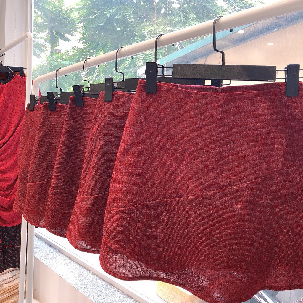 Chân váy chữ A, chất dạ tweed, da lộn, 2 lớp lót quần, màu đỏ/nâu | BigBuy360 - bigbuy360.vn