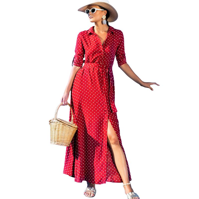 Đầm Sơ Mi Chấm Bi Dài Tay Phối Nút Xinh Xắn Theo Phong Cách Bohemian Dành Cho Nữ