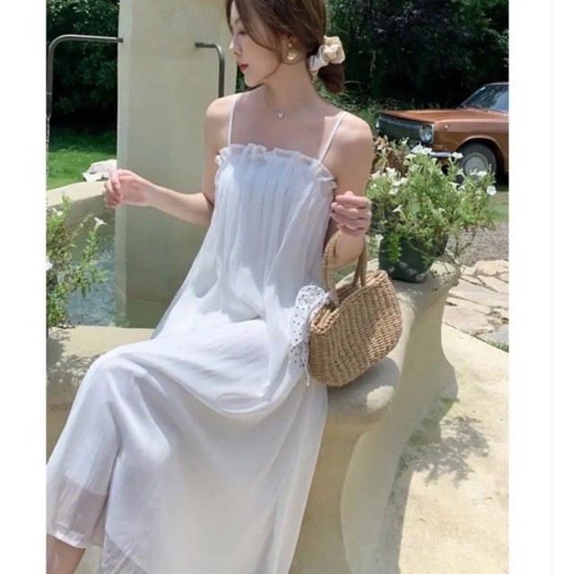 [Mã WASTMINI giảm 10% tối đa 30K đơn 150K] Đầm trắng hai dây dáng dài xếp li ngực đi biển, đi tiệc ☁️ | BigBuy360 - bigbuy360.vn