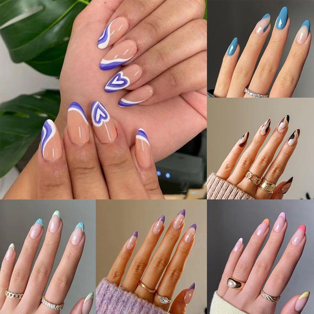 MAX=&gt; 24pcs/Box Women Fashion Almond False Nails Artificial Nail Tips Wearable Detachable Manicure Tool Press On Nails Full Cover Fake Nails