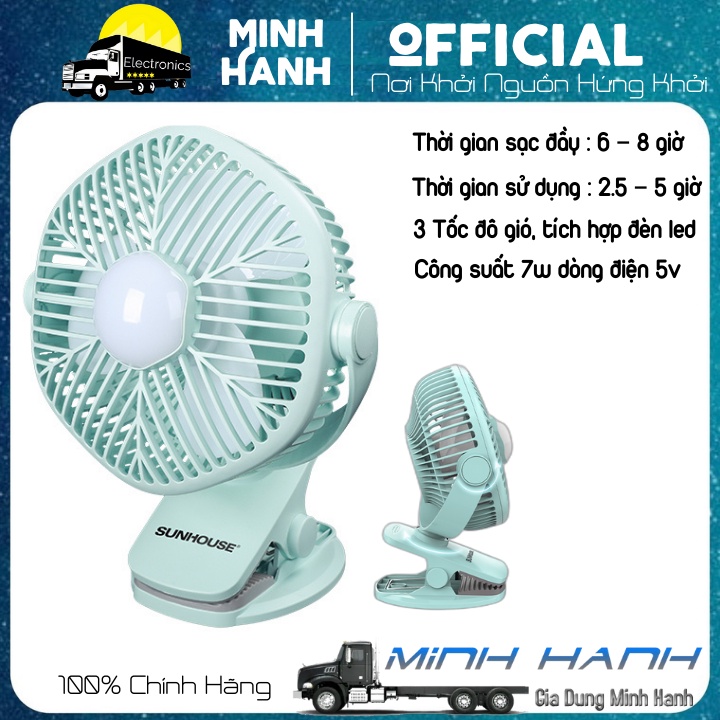 Quạt tích điện mini -SUNHOUSE-PIN TRÂU - 6h 6400MAH XOAY 360° tiện lợi để bàn, kẹp nôi, ghế ăn dặm và xe đẩy cho bé