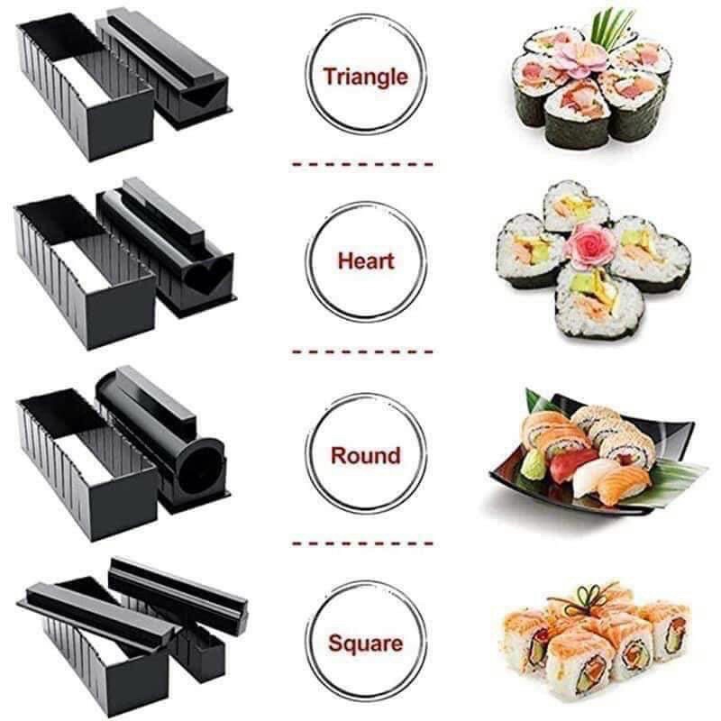 Bộ dụng cụ cuốn SHUSHI 11 chi tiết,khuôn làm cơm cuộn kèm dao inox dễ dàng cắt bánh