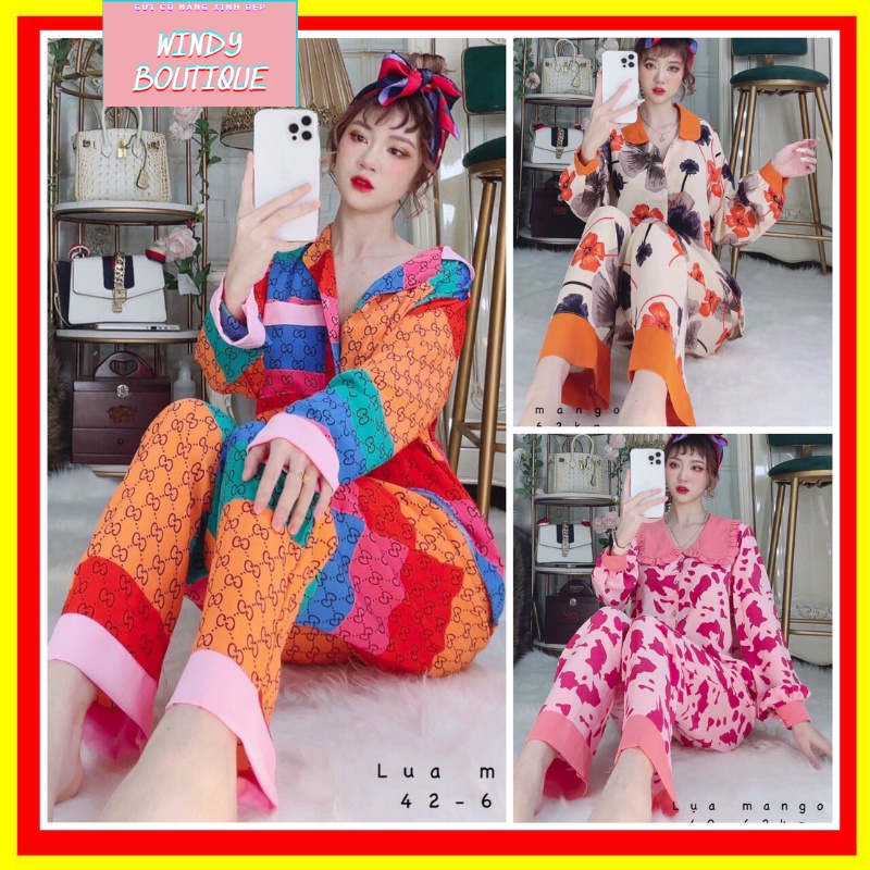Đồ bộ mặc nhà Pijama, bộ ngủ nữ đẹp tay dài vải lụa mango mềm mát freesize dưới 62kg WINDY BOUTIQUE S06