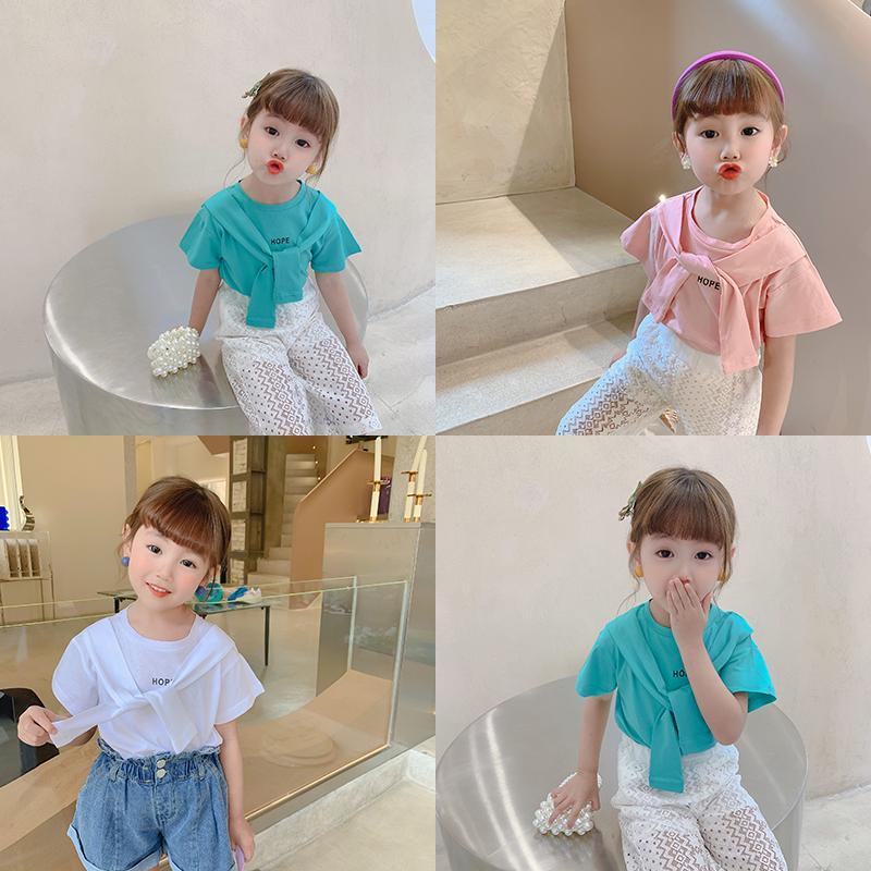 Áo Thun Tay Ngắn Phối Nơ In Chữ Phong Cách Hàn Quốc Thời Trang Mùa Hè Mới Cho Bé Gái