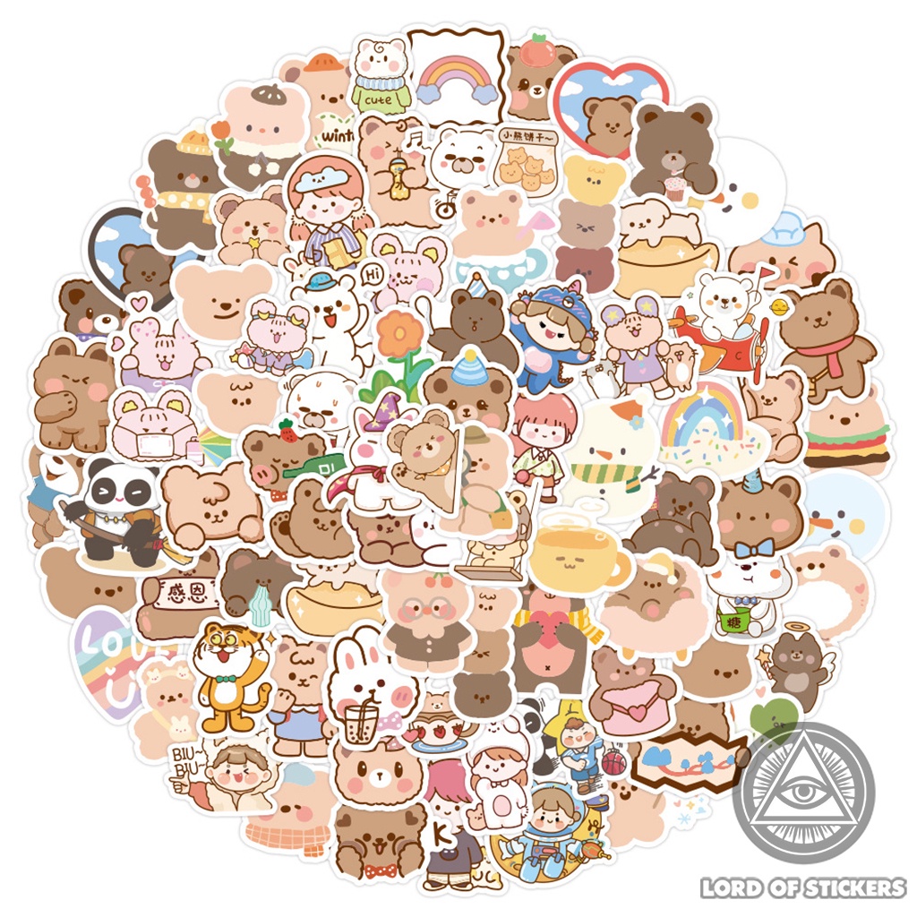 Set 100 Nhãn Dán Hoạt Hình Gấu Dễ Thương Sticker Cute Phong Cách Hàn Quốc Trang Trí Mũ Bảo Hiểm, Laptop, Vali, Xe, Sổ