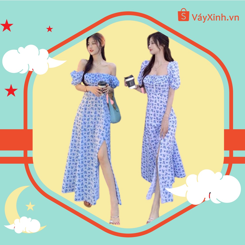 Váy nữ trễ vai tay bồng phối hoạ tiết hoa nhí, Đầm nữ Cổ vuông nhún ngực dáng dài ngăn tay tiểu thư sang chảnh