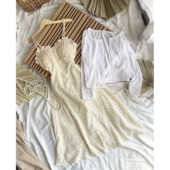 Set đầm hoa hai dây xếp ly ngực phối nút kèm áo khoác trắng | BigBuy360 - bigbuy360.vn