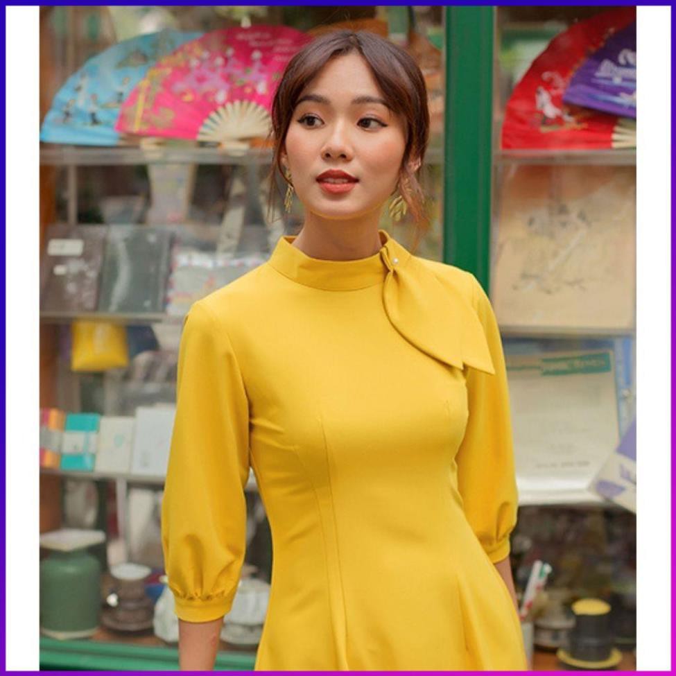 Váy Đầm Công Sở Nữ Tà A Cổ Nơ Tay Lở Dún Vải Dãn Nhẹ Màu Vàng | BigBuy360 - bigbuy360.vn