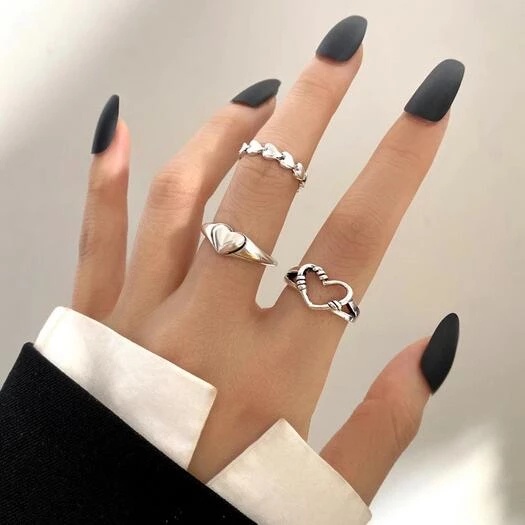 Bộ 3 Nhẫn Bạc Khắc Hình Trái Tim Dễ Thương