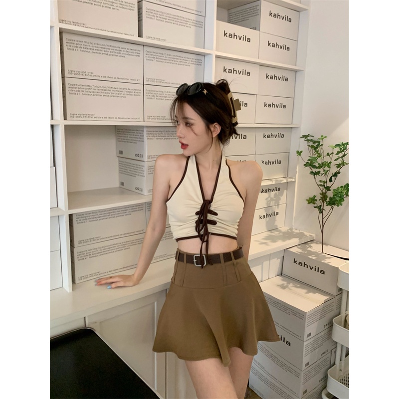 Set Áo Cổ Yếm Cột Dây Phối Chân Váy Thời Trang Hàn Quốc Nữ Tính áo gile áo vest nữ áo cổ yếm áo tank top nữ tank top nữ vest set vest áo vest