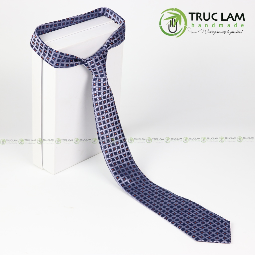 Cà Vạt Lụa 8cm Cho Nam Cao Cấp Họa Tiết Chấm Vuông Xanh Bạc Sang Trọng MS6 - Trúc Lâm Handmade
