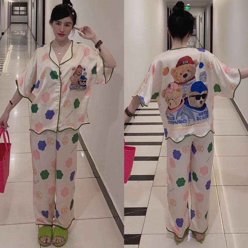Đồ bộ pijama lượn sóng cao cấp cho nữ - Lụa Satin hàng thiết kế tay ngắn quần dài dưới 65kg sang trọng - bầu bí sau sinh