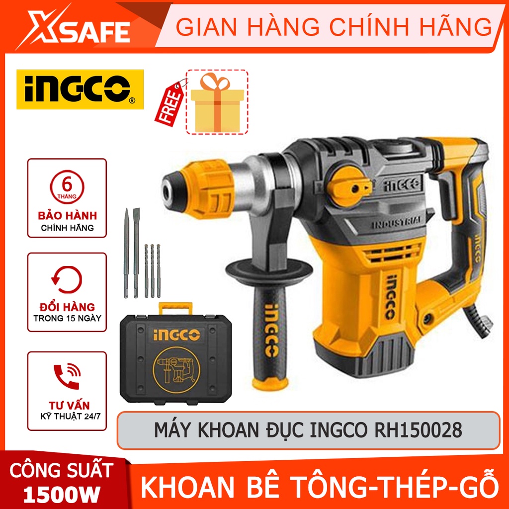 Máy khoan bê tông INGCO RH150028 1500W, đầu gài SDS, khoan tối đa bê tông 32mm/ thép 13mm/ gỗ 40mm - kèm mũi khoan, đục