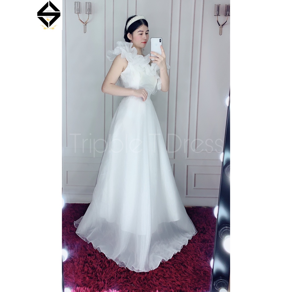 Đầm maxi voan kính nhún bèo lệch vai TRIPBLE T DRESS - MS334V