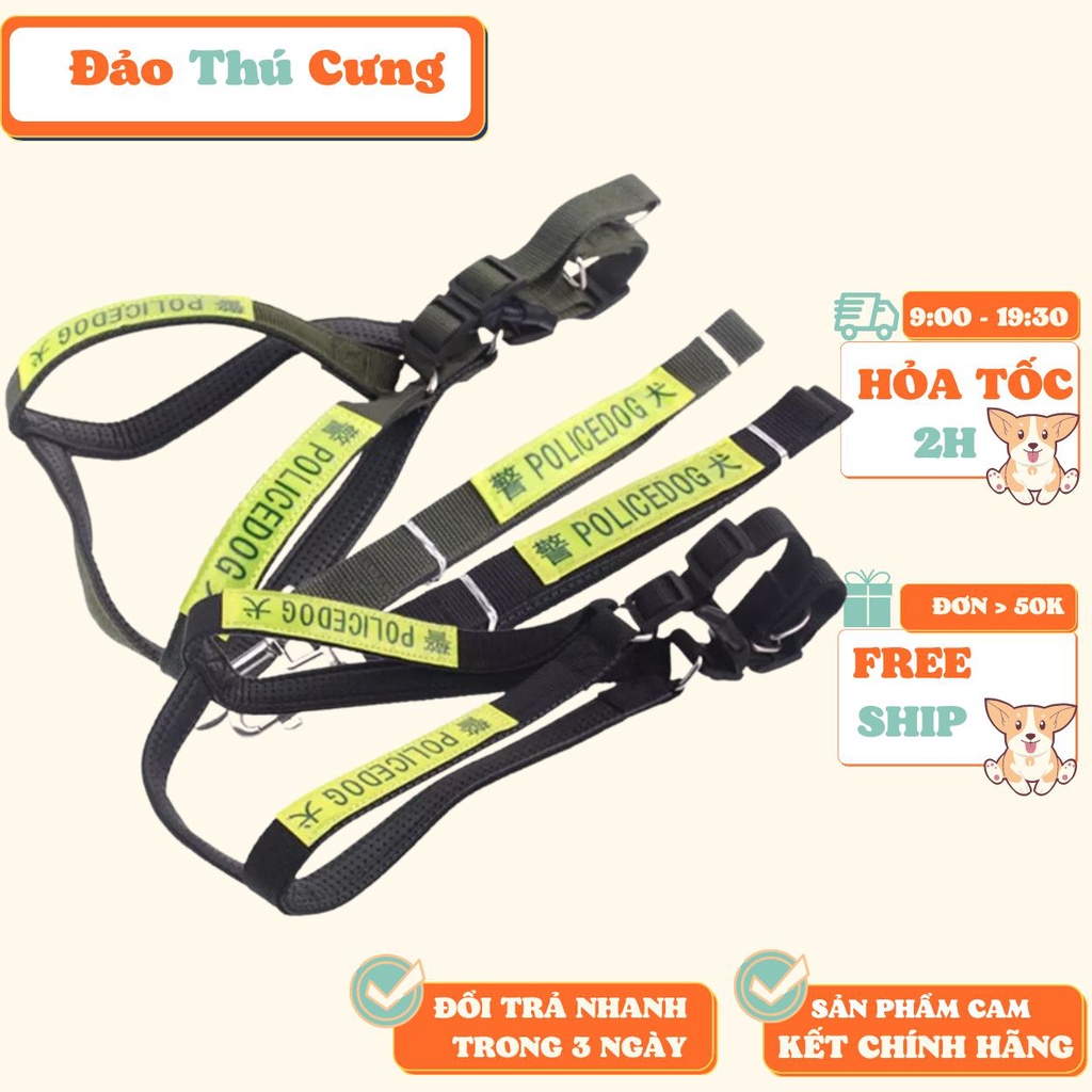 Dây dắt chó police phản quang phát sáng trong đêm dạng dây dắt kèm yếm đai yên ngựa cho chó cảnh sát
