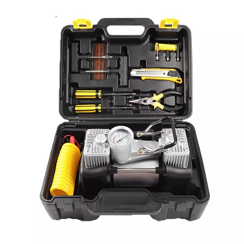 Hộp dụng cụ bơm xe ô tô 2 xi lanh kèm phụ kiện vá xe , Bộ vá xe khẩn cấp có kèm phụ kiện