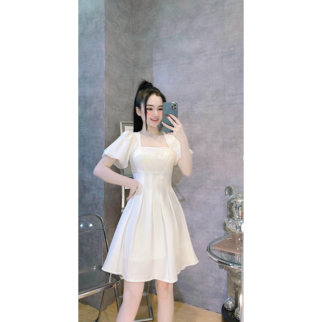 Đầm công chúa đi tiệc ,đầm midi cổ vuông tay phồng ôm eo xếp ly dáng ngắn xòe dễ thương dx