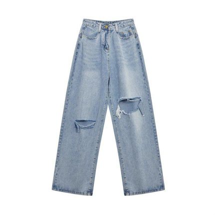Quần jean rách SUXI ống rộng lưng cao màu trơn phong cách Hàn Quốc dành cho nữ