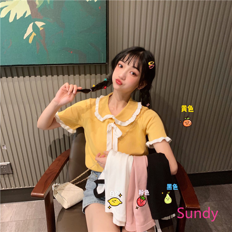 Áo Dệt Kim Tay Ngắn Dáng Rộng Phối Nơ Xinh Xắn Dành Cho Nữ