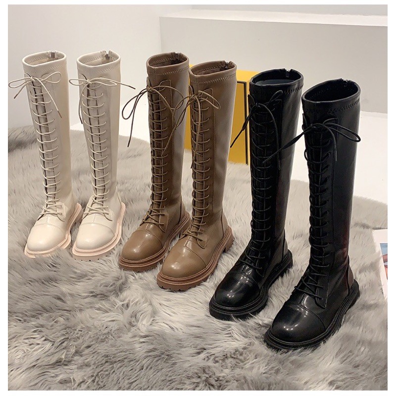 Boots Martin nữ cổ cao dưới đầu gối buộc dây da mềm đế 3cm có khoá kéo