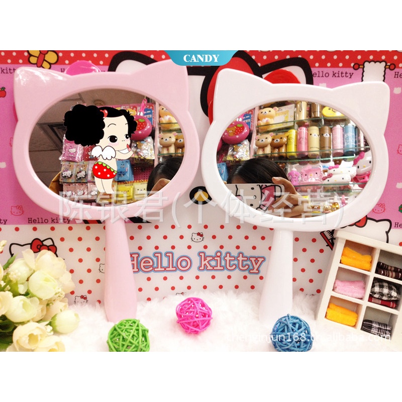 SANRIO Gương Trang Điểm Có Tay Cầm Hình Mèo Hello Kitty Dễ Thương