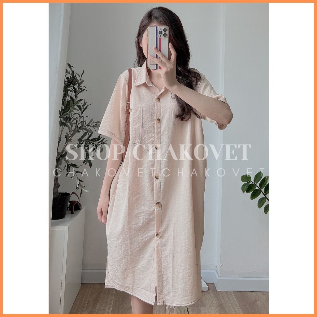 Váy sơ mi nữ dáng ulzzang cộc tay V8292, kiểu đầm dự tiệc đi biển dáng suông trơn cúc gỗ viền chỉ nổi chất đũi - CHAKOVE