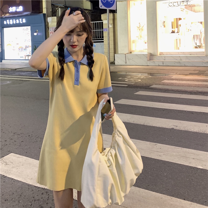 【ZHELIHANGFEI】Đầm Thun Đen Dệt Kim Cổ Bẻ Chiết Eo Thiết Kế Cỡ Nhỏ Thời Trang Trẻ Trung