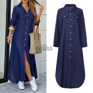 Đầm Sơ Mi Denim Dáng Dài Xẻ Tà Thời Trang Dành Cho Nữ