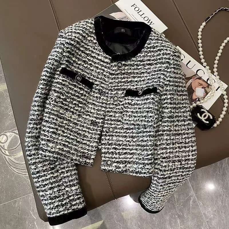 Áo khoác dạ tweed xám viền đen hàng QC