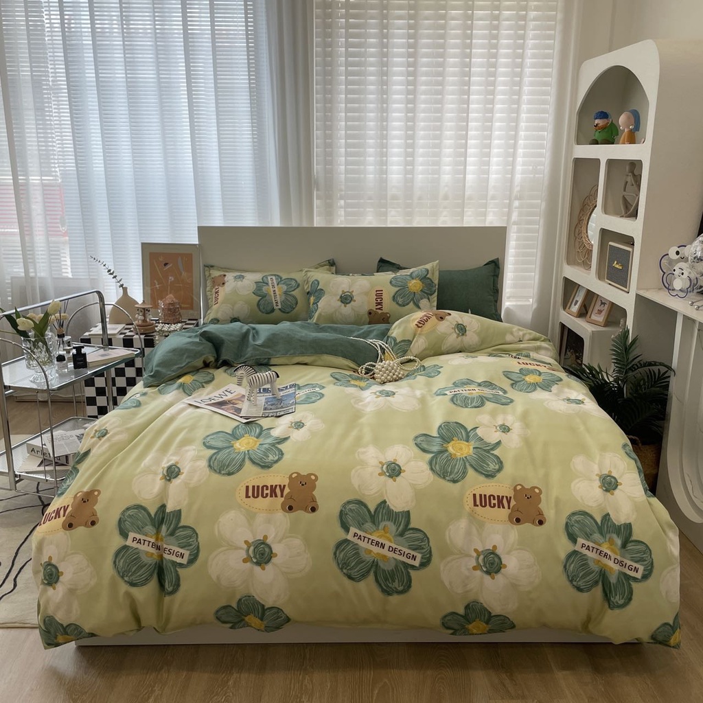Bộ vỏ chăn ga gối 4 món Cotton Polyester hoa năm cánh sơn mài xanh trắng