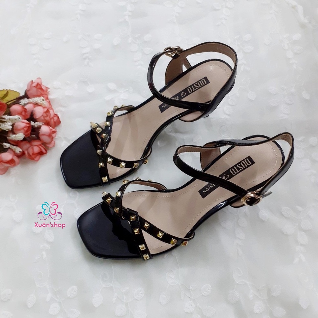 Giày sandal Dusto quai chéo, chất da bóng, gót 7cm (có sẵn)