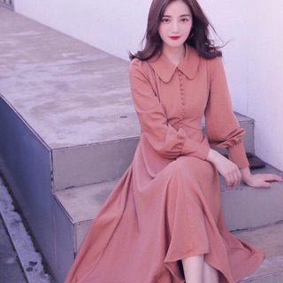 Đầm midi hồng ruốc form dài cổ sen