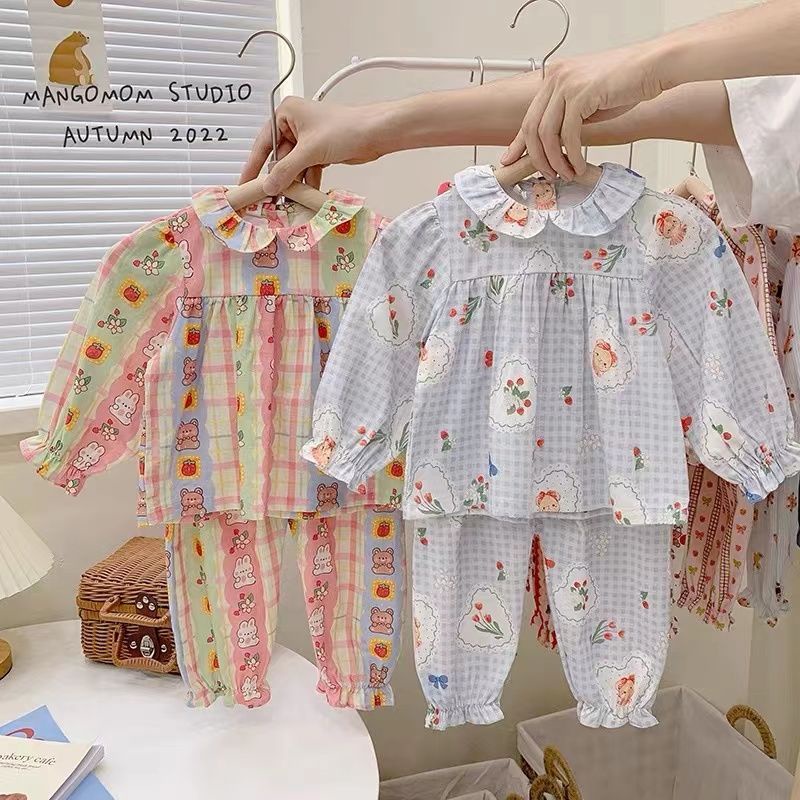 Bộ Đồ Ngủ Hai Mảnh Áo Tay Dài Quần Dài Dễ Thương Dành Cho Bé Trai Gái 3-14 Tuổi