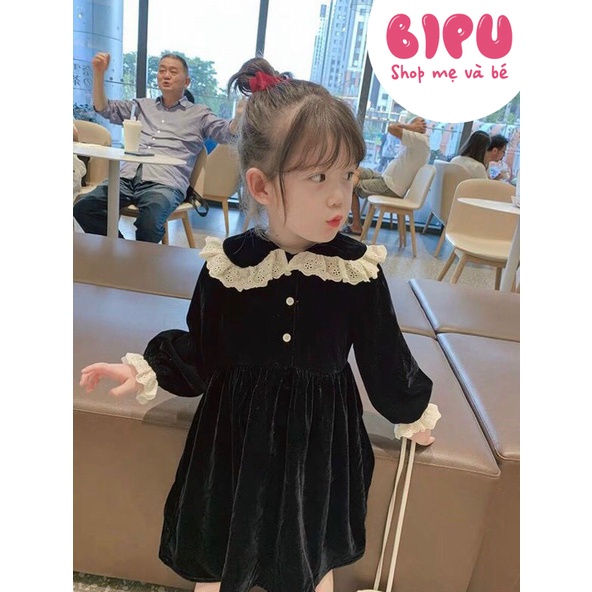 Váy Nhung Bipu Phối Cổ Ren Bánh Bèo Điệu Đà