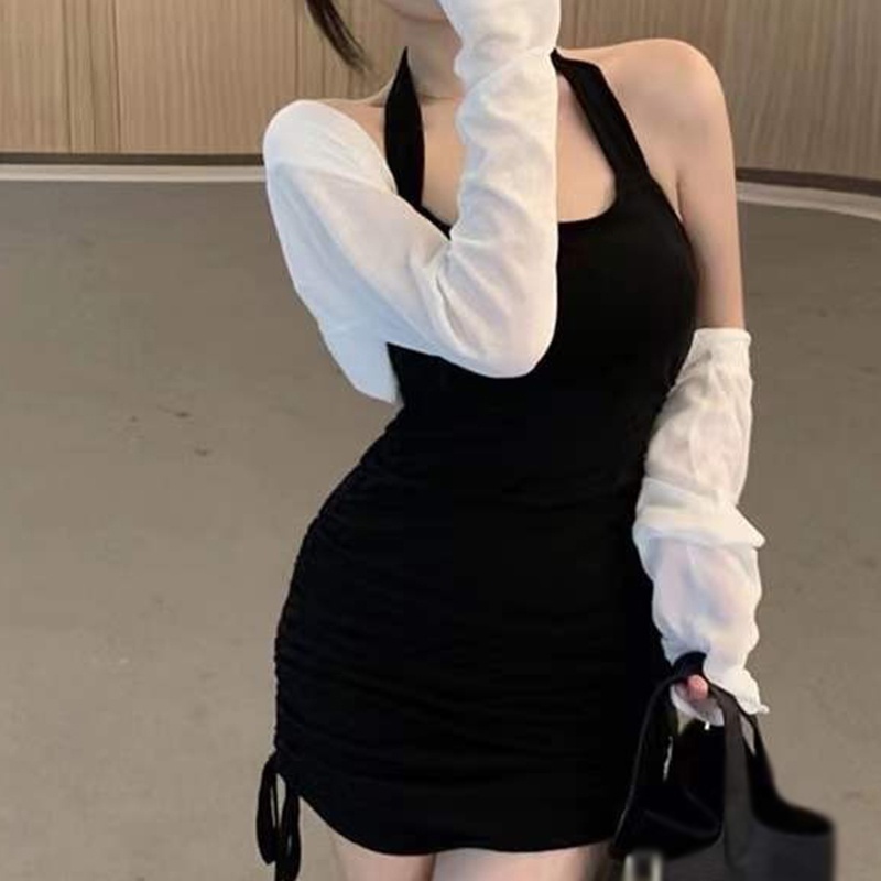 Đầm Hai Dây Rút Dây Màu Trơn Hở Lưng Thời Trang Hàn Quốc Cho Nữ