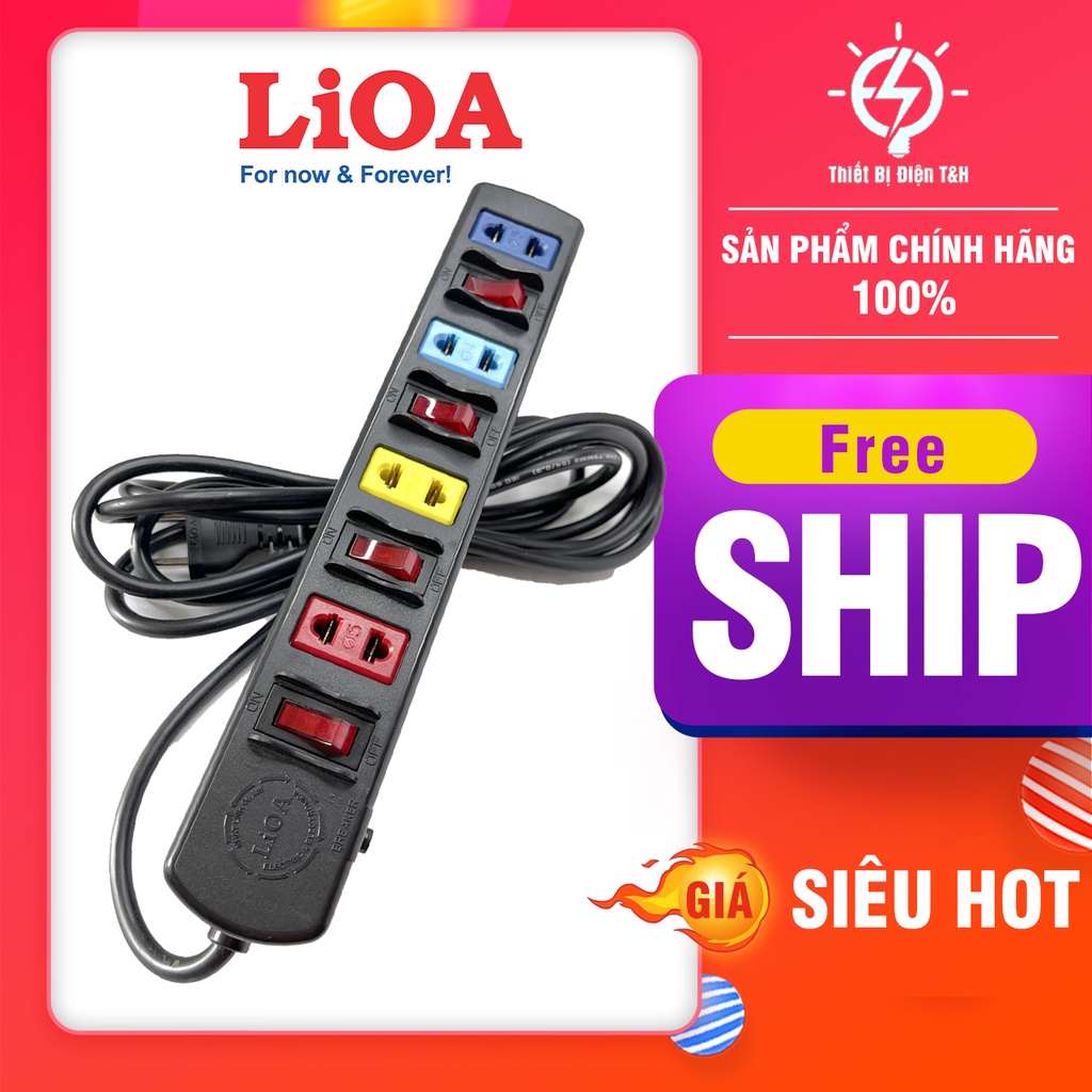 Ổ cắm điện LIOA phổ thông, 2200W, 4 ổ cắm, 4 công tắc, dây dài 3M, 5M, 4SOF3 - 4SOF5 - Thiết Bị Điện T&amp;H