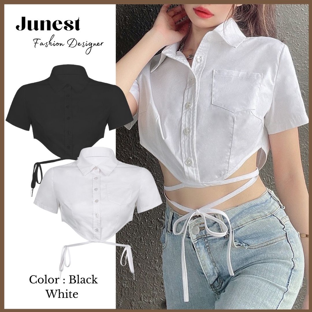 Áo sơ mi croptop nữ tay ngắn JUNEST dây buộc eo cổ đức cài khuy So Cute SMBE01