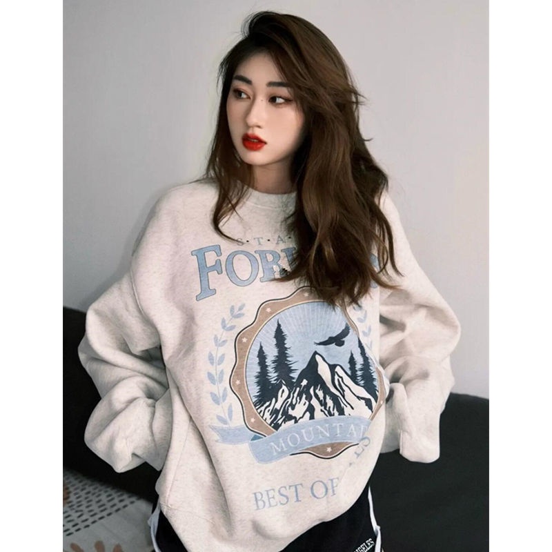 Áo sweater dáng rộng in hình ngọn núi năm 2021 thời trang thu đông mới cho nữ