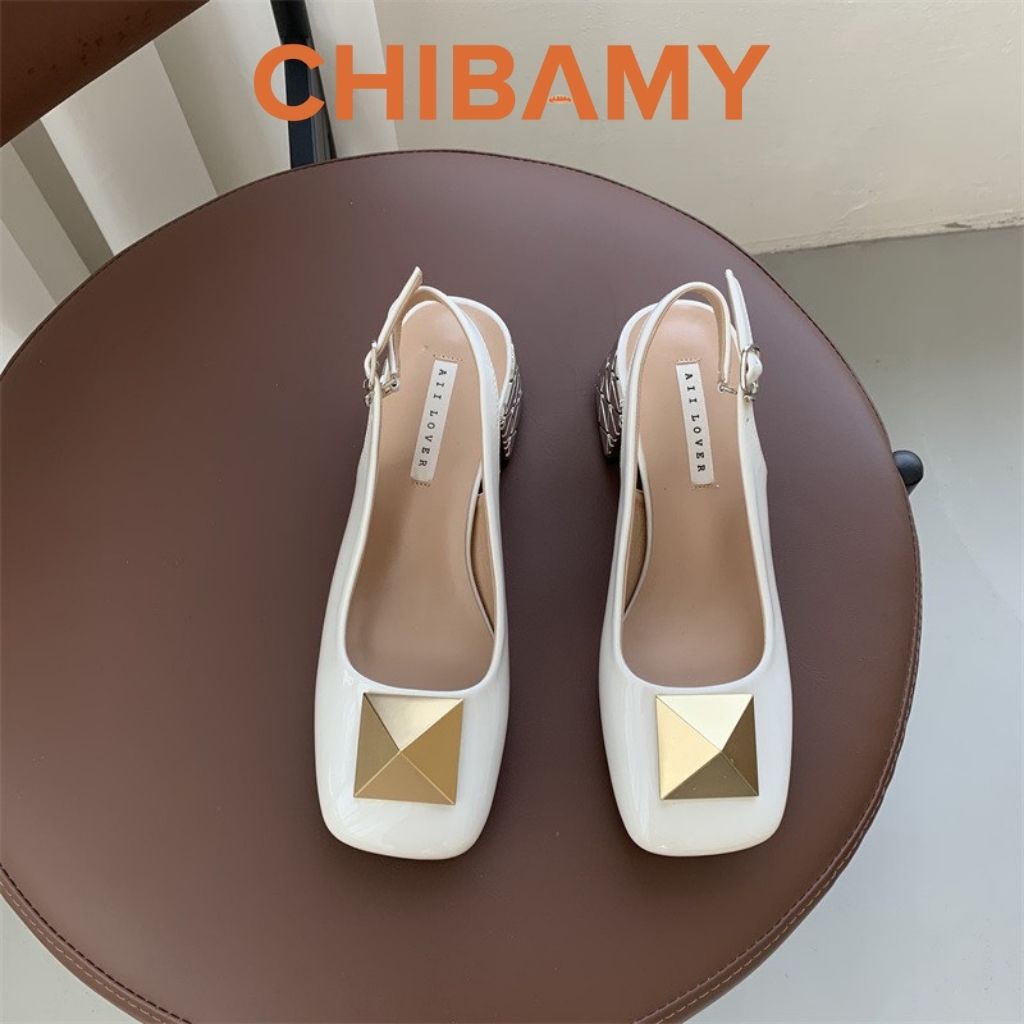 Giày cao gót nữ đính đá kim loại vuông KIM TỰ THÁP, giày bít mũi CHIBAMY cao 3cm