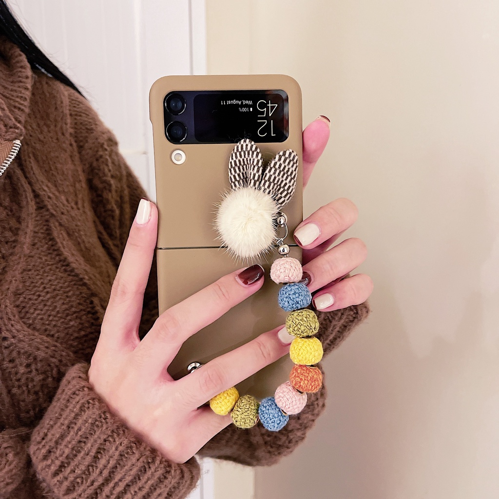 Ốp điện thoại PC cứng nắp lật chống sốc có dây đeo tay hình tai thỏ thời trang cho Samsung Galaxy Z Flip 3 5G ZFlip3