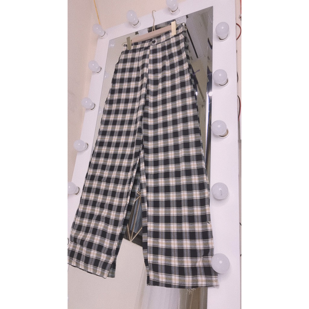 Quần caro ống rộng nữ giả cúc lưng thun co dãn unisex cá tính/ Quần dài nữ kẻ sọc kiểu baggy dáng suông_ranstore | BigBuy360 - bigbuy360.vn