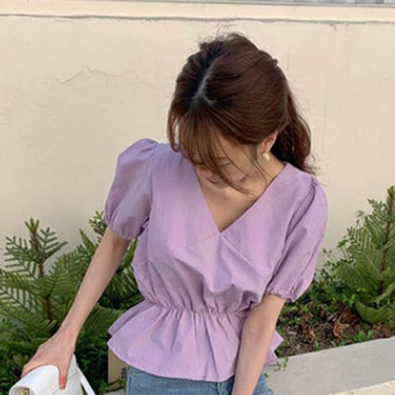 IELGY Áo Sơ Mi Tay Ngắn Chiết Eo Phong Cách retro Phương Tây Dành Cho Nữ