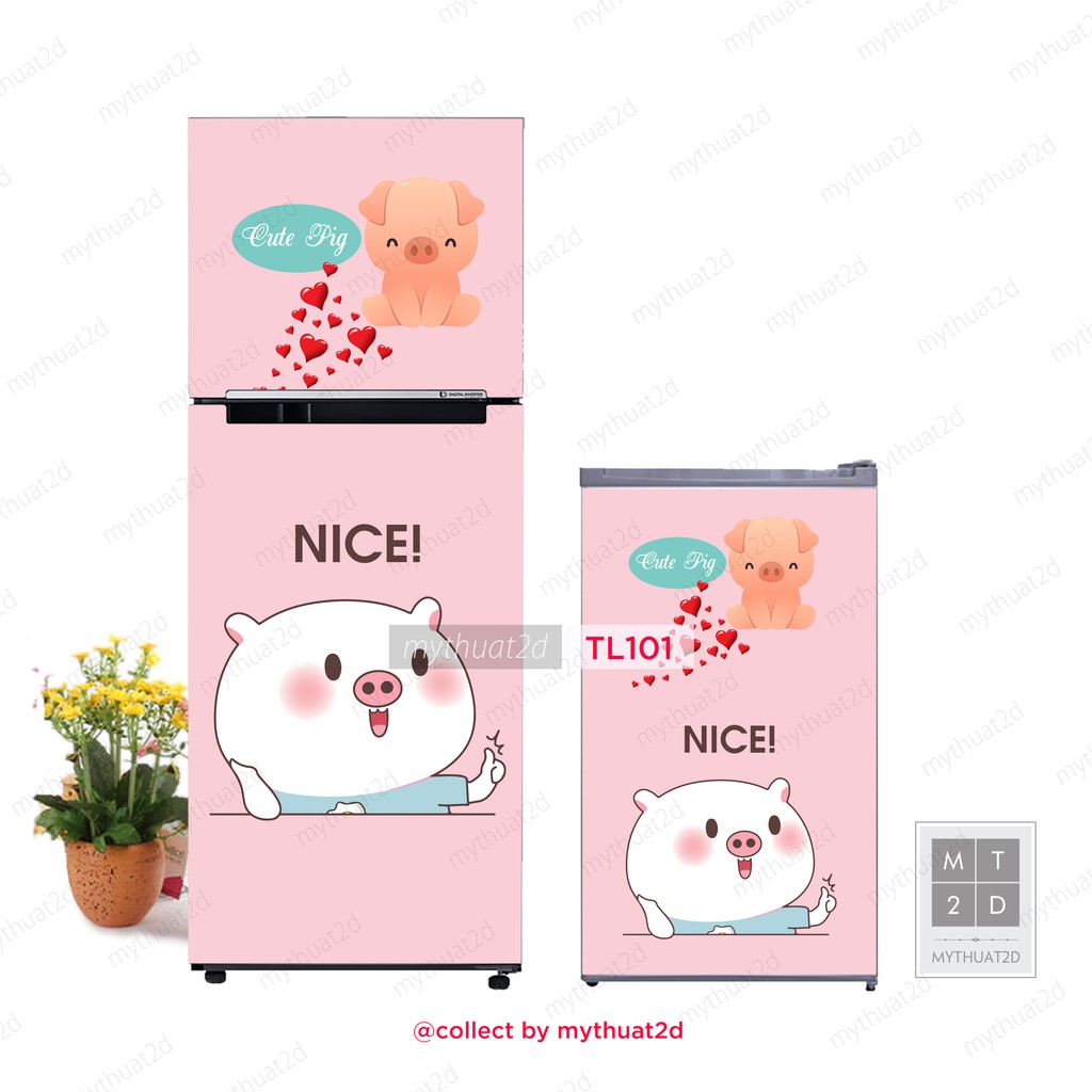 Decal dán tủ lạnh chống thấm loại tốt mẫu Pig Cute - mã TL101