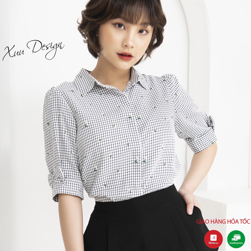 Áo sơ mi nữ công sở Xuu, thiết kế cộc tay caro đen chấm bi phối nơ BS07