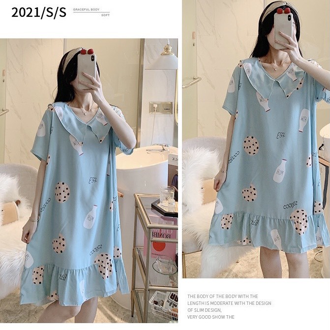 Váy ngủ mặc nhà đuôi cá tay cộc vải lụa tici mềm mịn thoáng mát họa tiết dễ thương tiểu thư JALJA Vay03