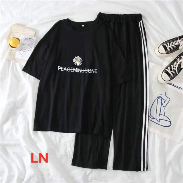 Áo hoa cúc peace chữ nhỏ giữa ngực+ quần ba sọc LN11