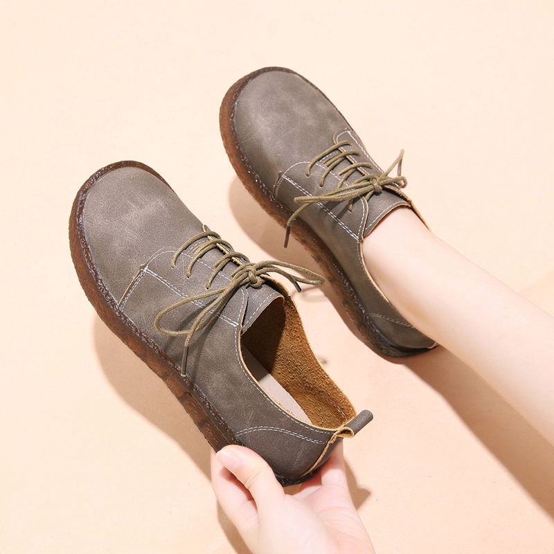 Giày da đế mềm phối dây buộc phong cách vintage xinh xắn cho nữ