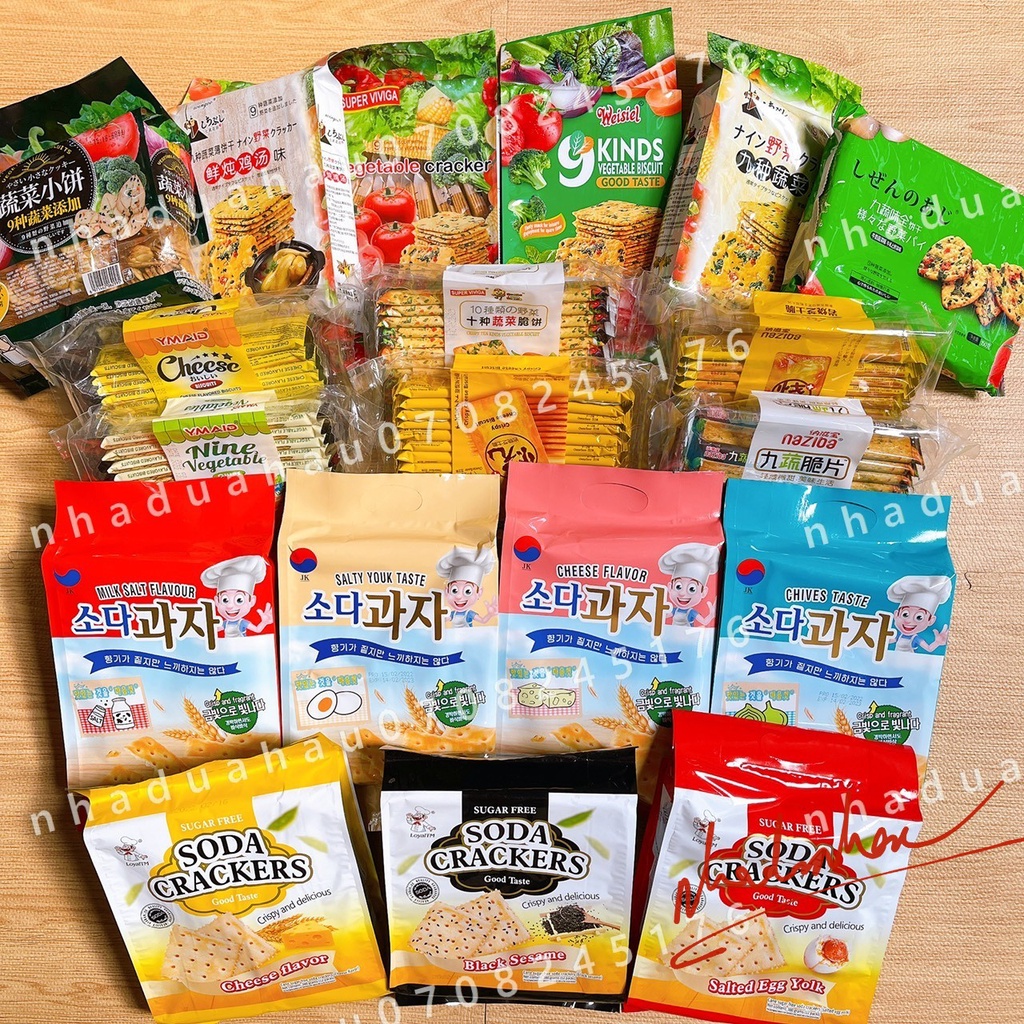 Tổng hợp bánh ăn kiêng rau củ/ phomai/ gà hầm/ trứng muối/ hành tây/ sữa Hongkong các vị gói 228gam